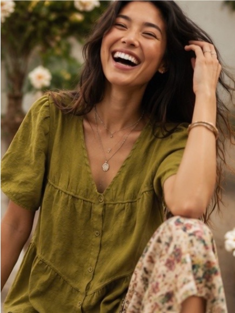 Olive Green Boho Button Front Babydoll Blouse Puff Sleeve Cottagecore Top